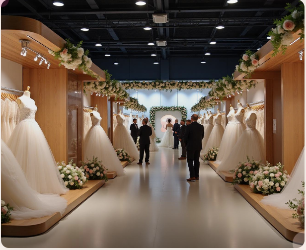 Mannequin-lined bridal gallery with wedding gowns, London